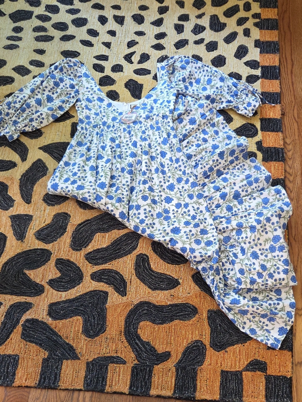 Blue Floral Midi Dress with Puff Sleeves
